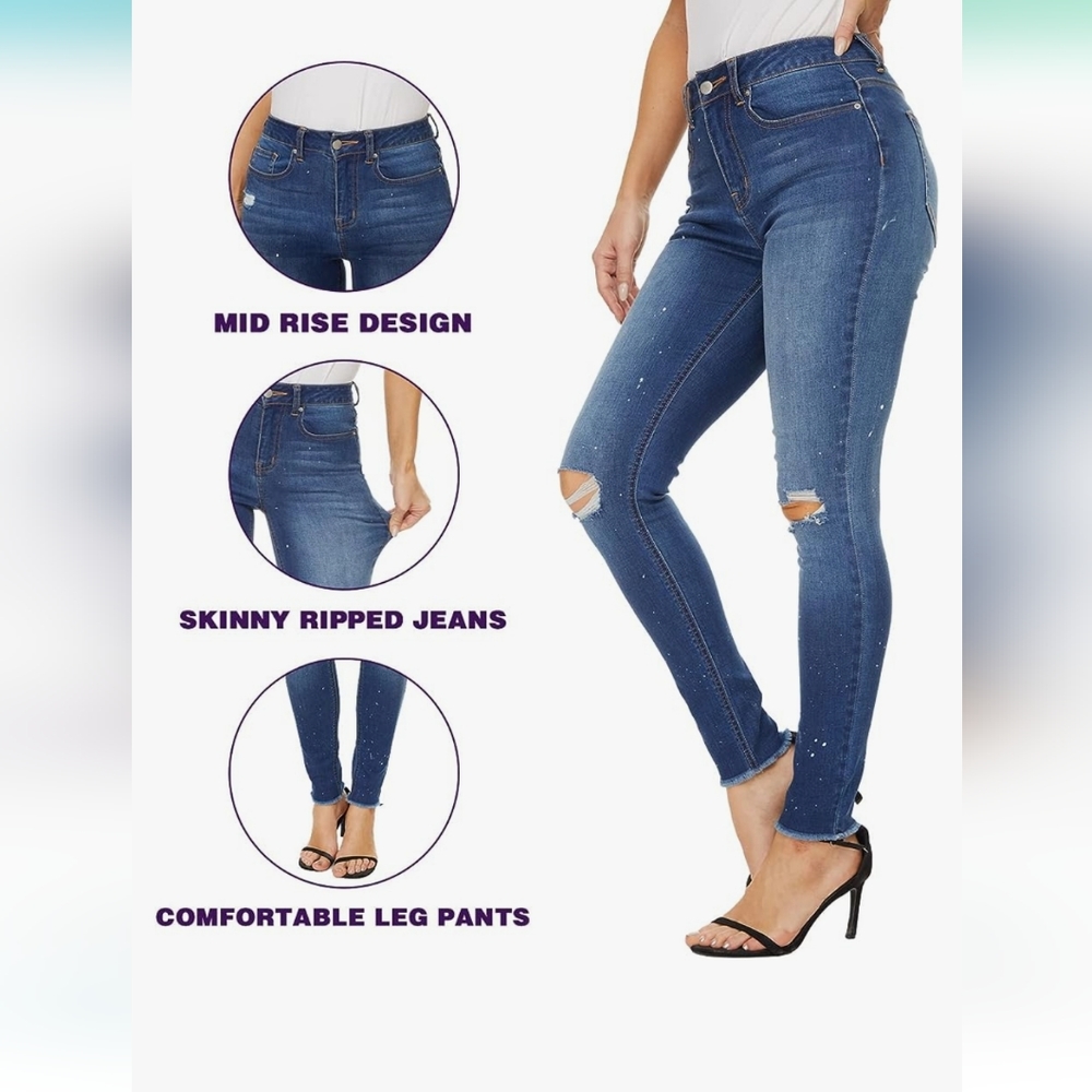 Women's Mid Rise Skinny Jeans Ripped Stretch Jeans Boyfriend Distressed - Picture 11 of 11